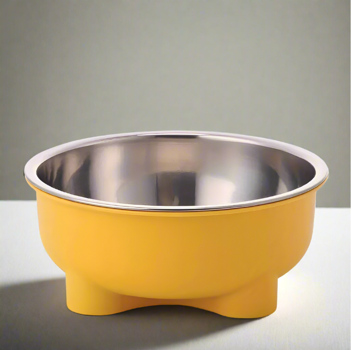 Double-layered-stainless-steel-pet-bowl-yellow-design